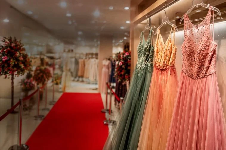 Festkleider und roter Teppich im Dresslet-Geschäft